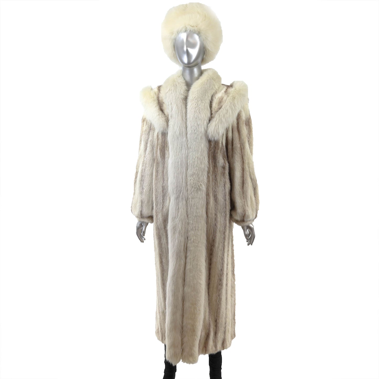 Ivory Hooded Mink Coat with Fox Tuxedo and Matching Hat- Size M