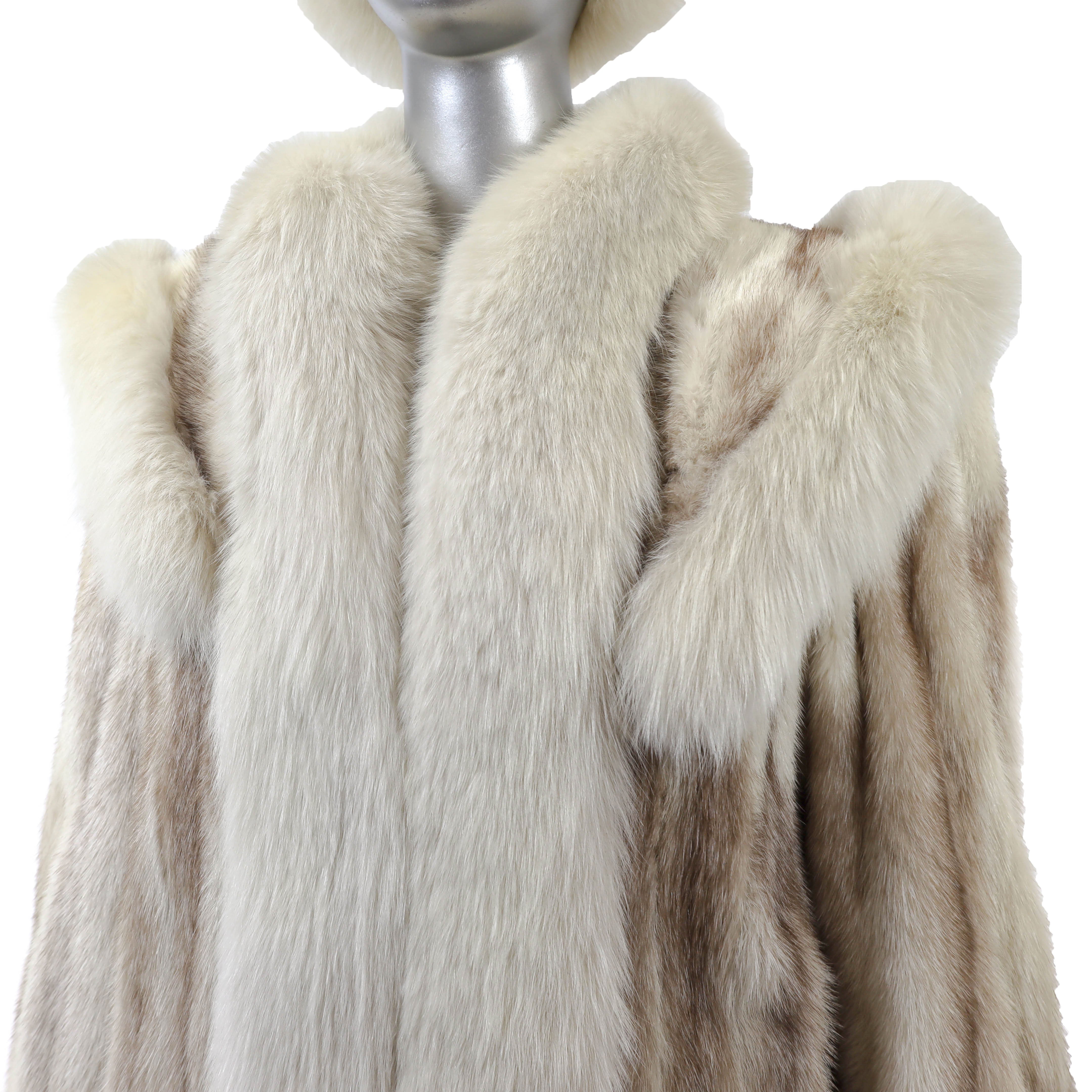 Ivory Hooded Mink Coat with Fox Tuxedo and Matching Hat- Size M