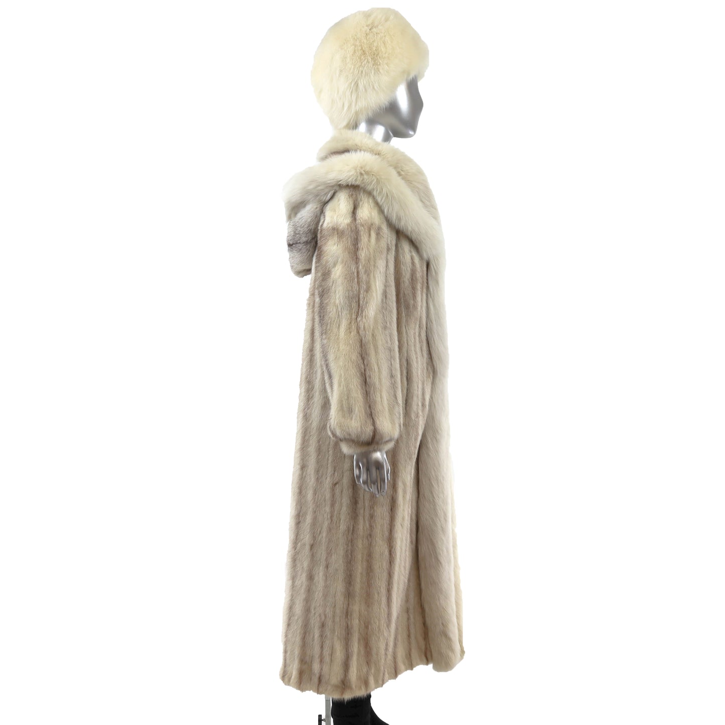 Ivory Hooded Mink Coat with Fox Tuxedo and Matching Hat- Size M