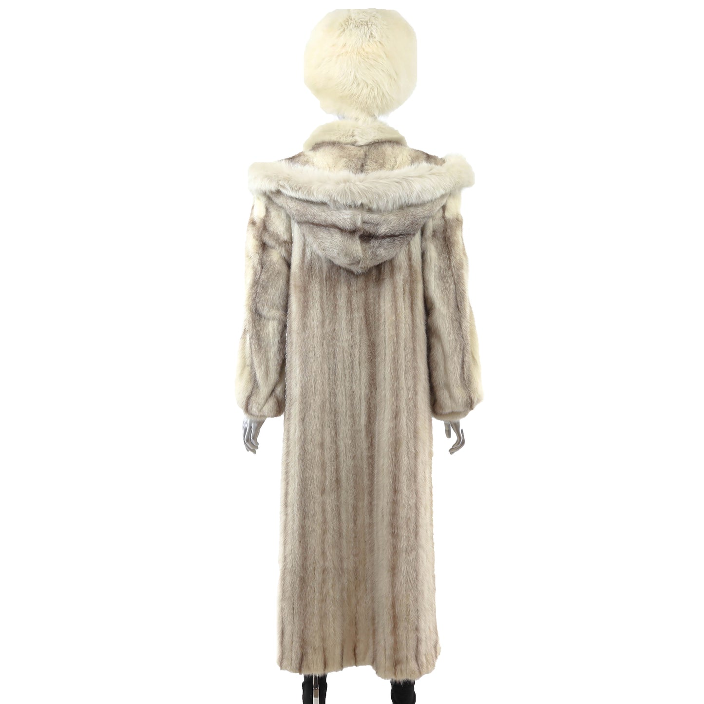 Ivory Hooded Mink Coat with Fox Tuxedo and Matching Hat- Size M