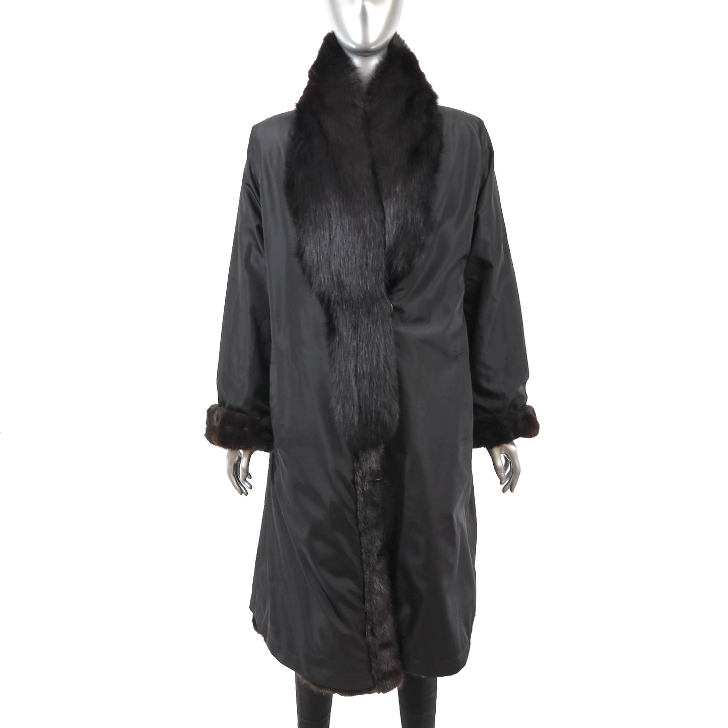 Black Mink Coat with Fox Tuxedo Reversible to Taffeta- Size L