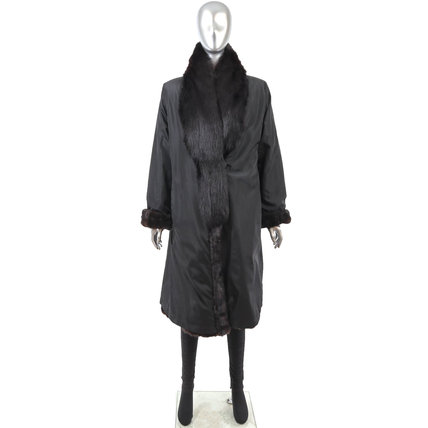 Black Mink Coat with Fox Tuxedo Reversible to Taffeta- Size L
