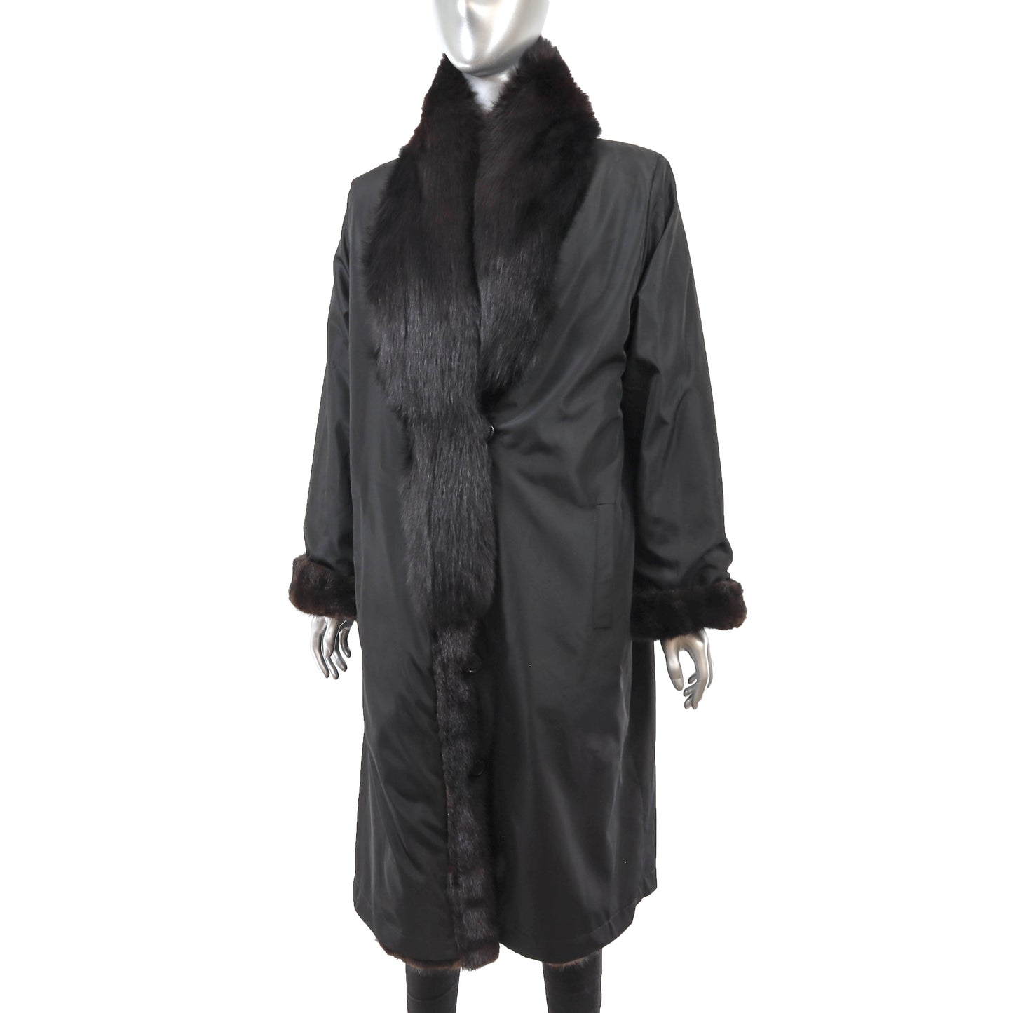 Black Mink Coat with Fox Tuxedo Reversible to Taffeta- Size L