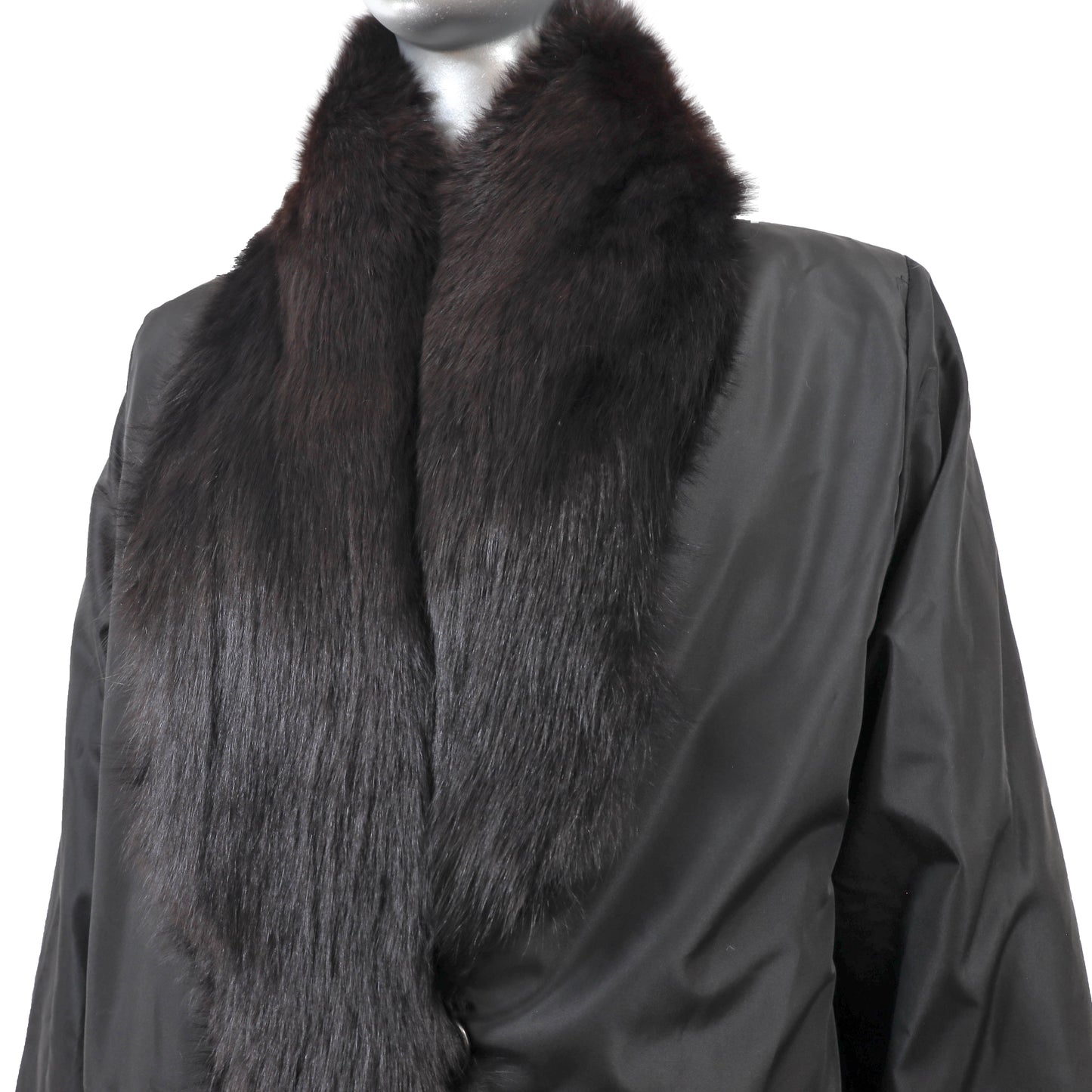 Black Mink Coat with Fox Tuxedo Reversible to Taffeta- Size L