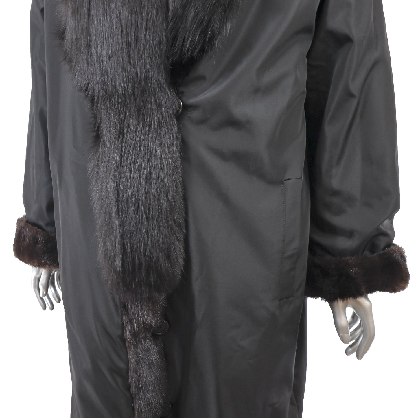 Black Mink Coat with Fox Tuxedo Reversible to Taffeta- Size L