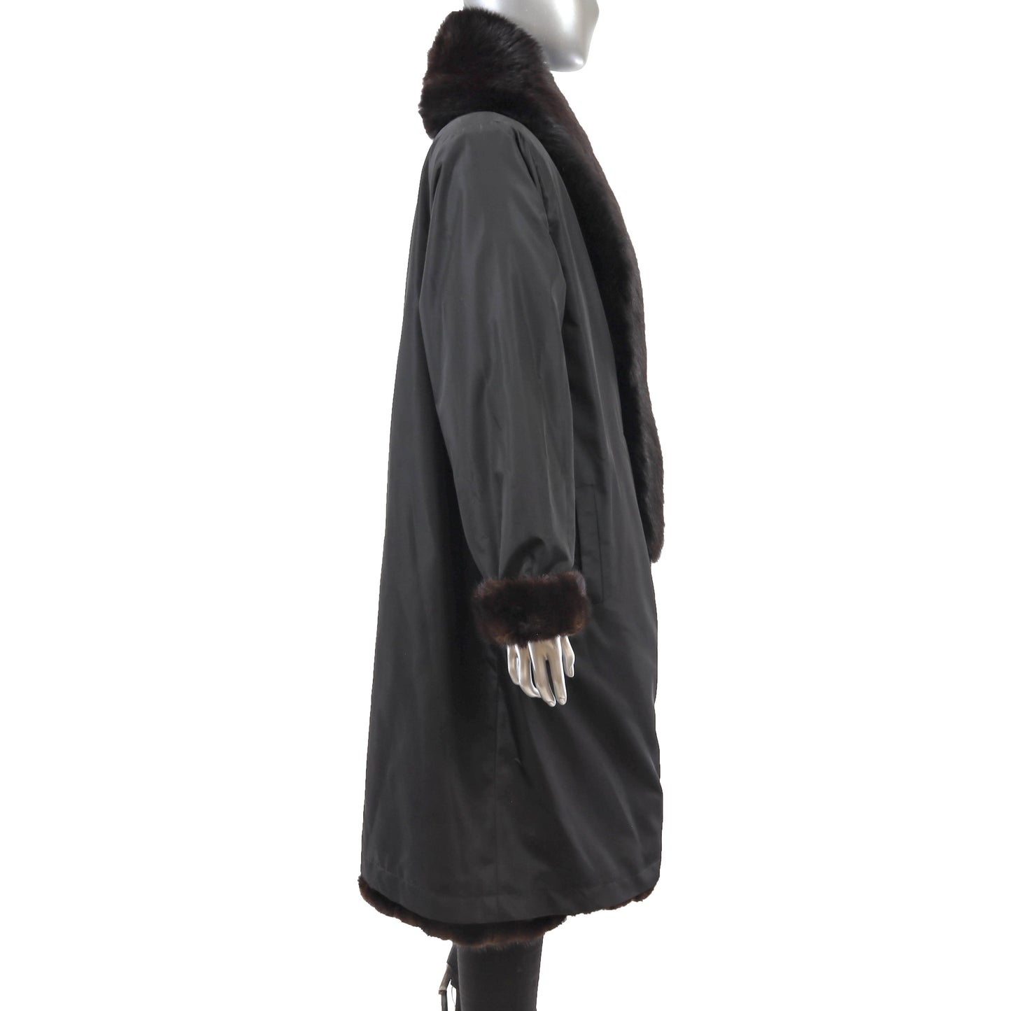 Black Mink Coat with Fox Tuxedo Reversible to Taffeta- Size L
