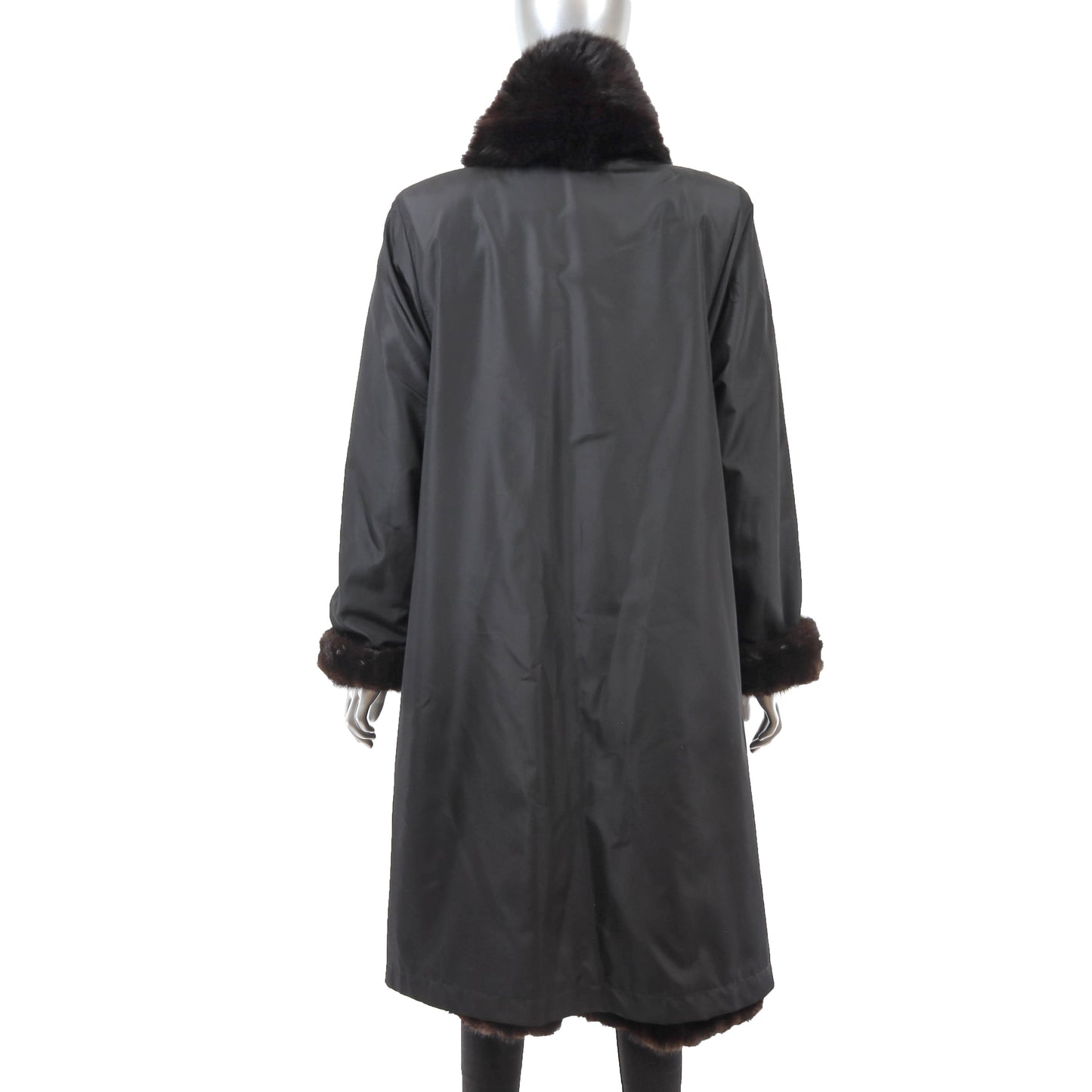 Black Mink Coat with Fox Tuxedo Reversible to Taffeta- Size L