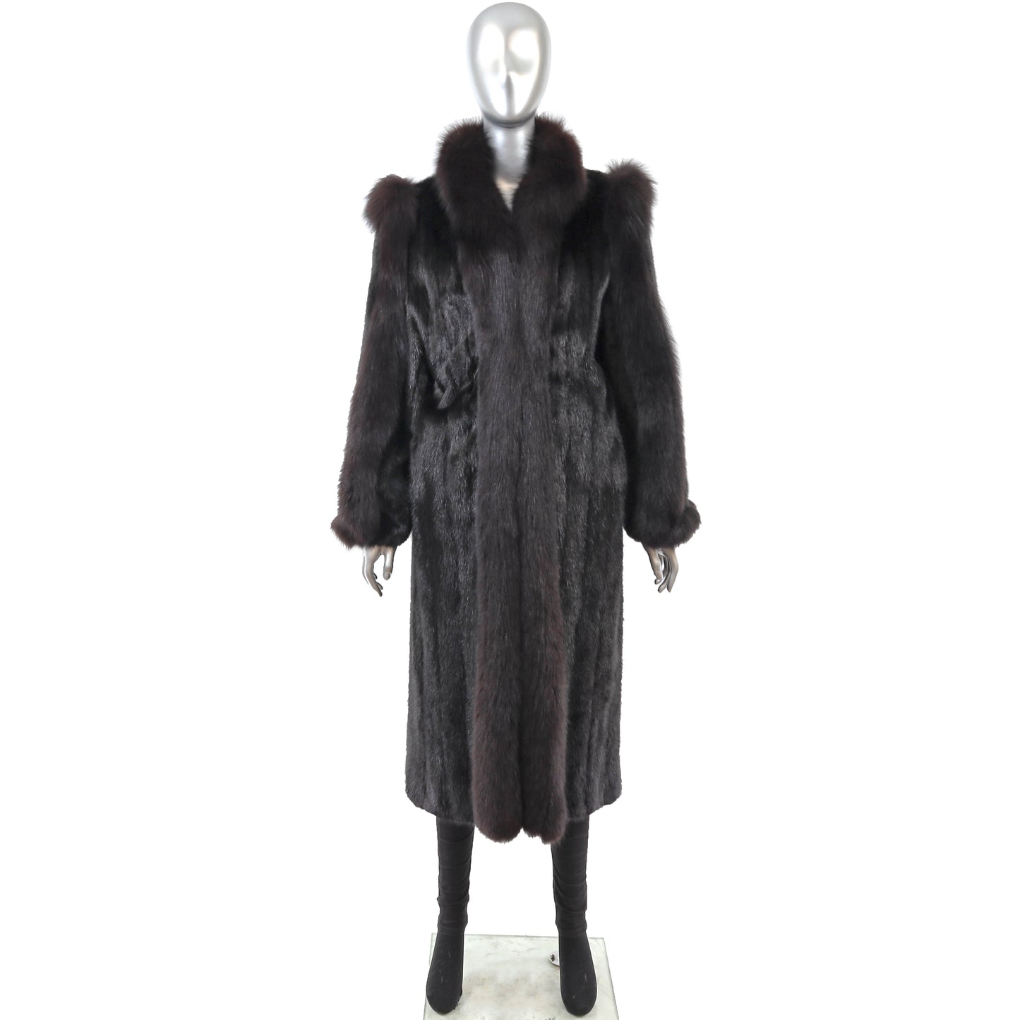 Black Mink Coat with Fox Trim- Size M-L