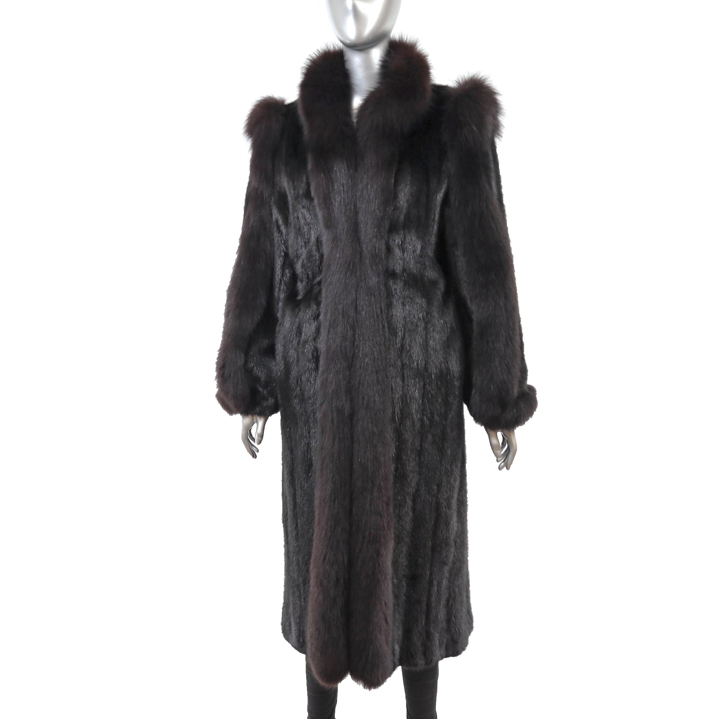 Black Mink Coat with Fox Trim- Size M-L