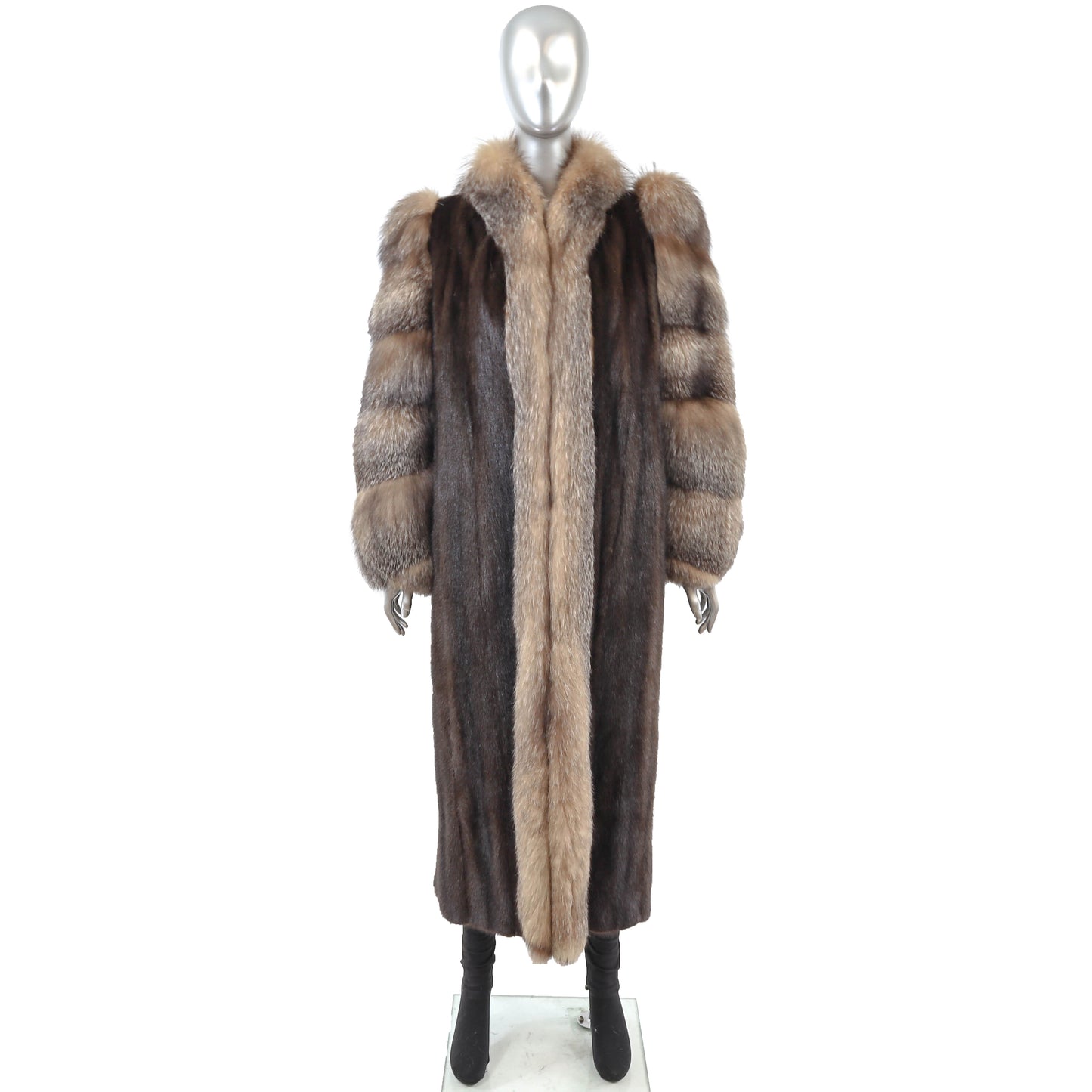 Brown Mink Coat with Fox Tuxedo and Sleeves- Size M