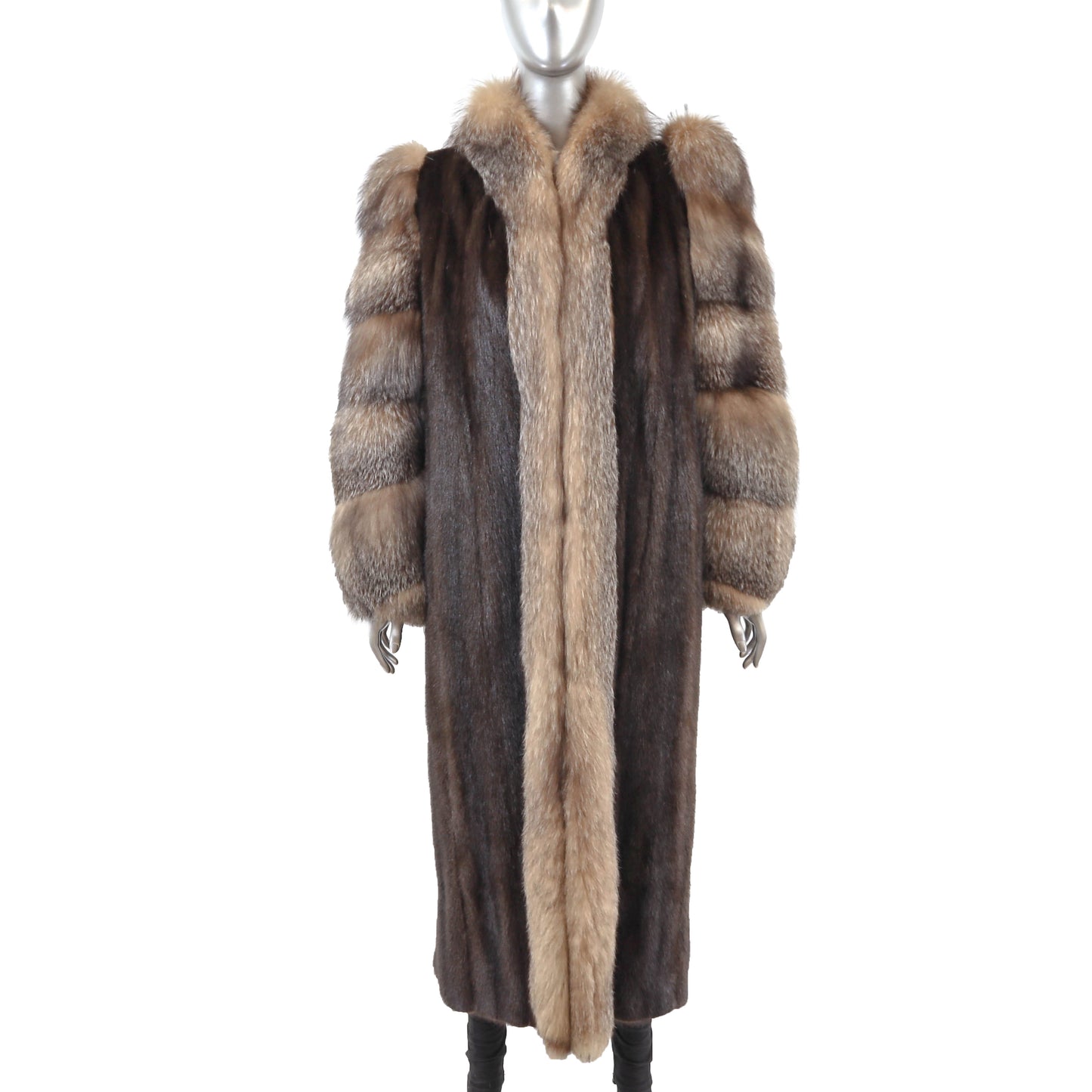 Brown Mink Coat with Fox Tuxedo and Sleeves- Size M