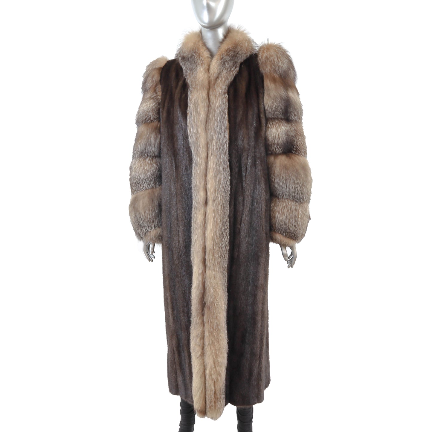 Brown Mink Coat with Fox Tuxedo and Sleeves- Size M