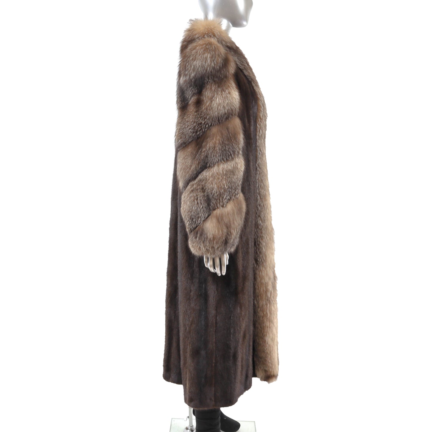 Brown Mink Coat with Fox Tuxedo and Sleeves- Size M