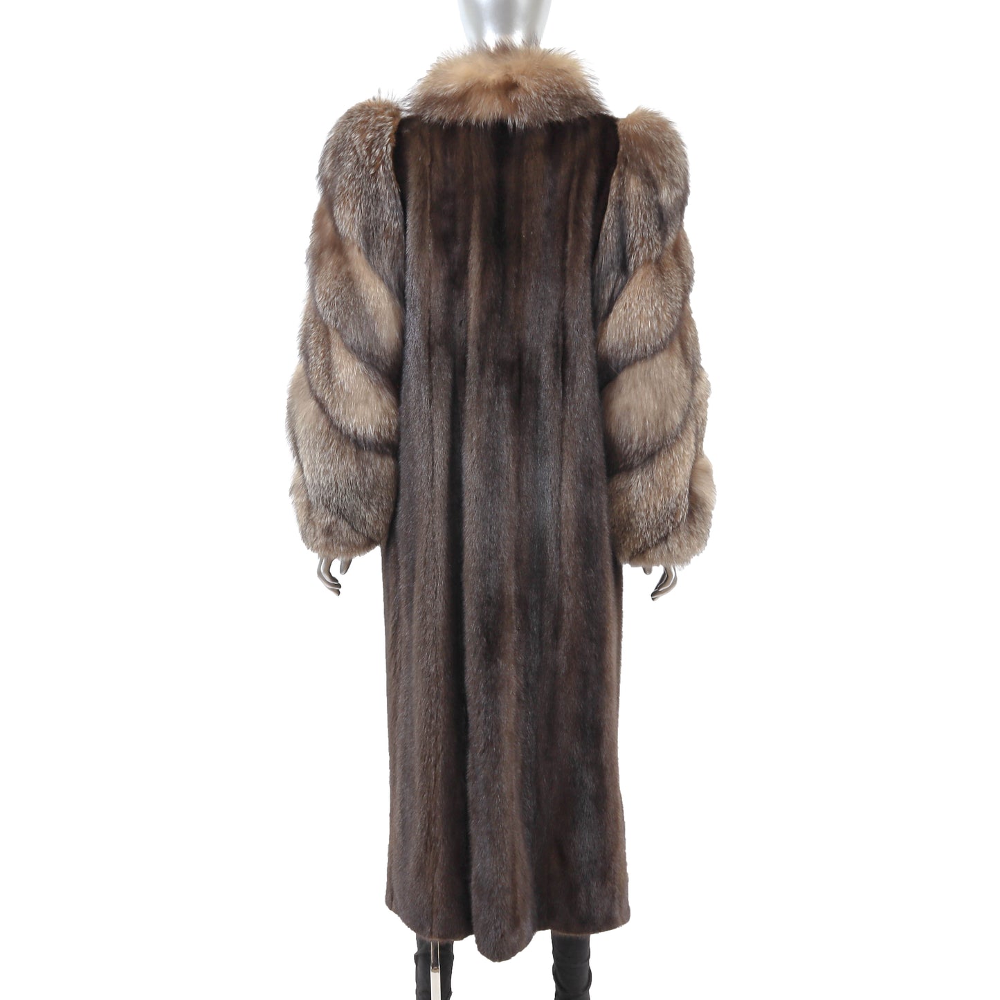 Brown Mink Coat with Fox Tuxedo and Sleeves- Size M