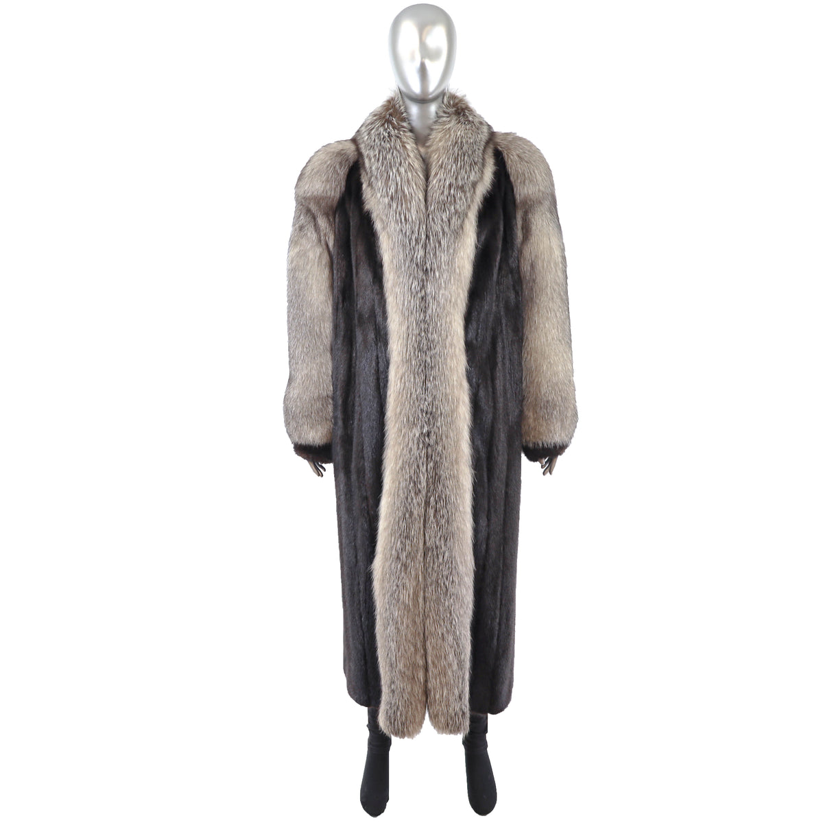 Black Mink Coat with Fox Tuxedo and Sleeves- Size L