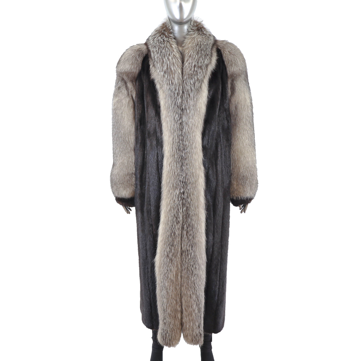 Black Mink Coat with Fox Tuxedo and Sleeves- Size L