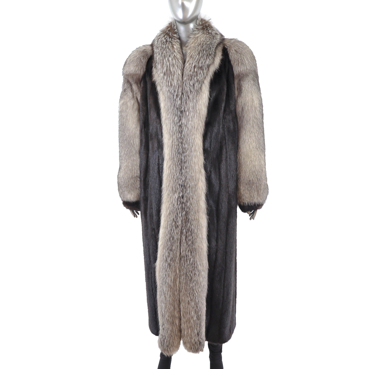 Black Mink Coat with Fox Tuxedo and Sleeves- Size L