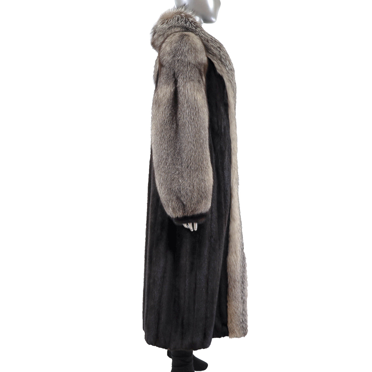 Black Mink Coat with Fox Tuxedo and Sleeves- Size L