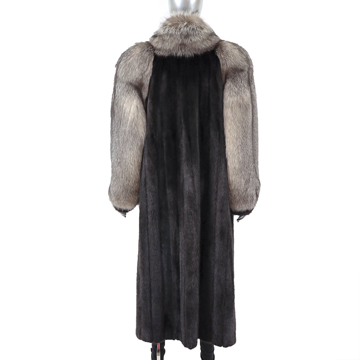 Black Mink Coat with Fox Tuxedo and Sleeves- Size L