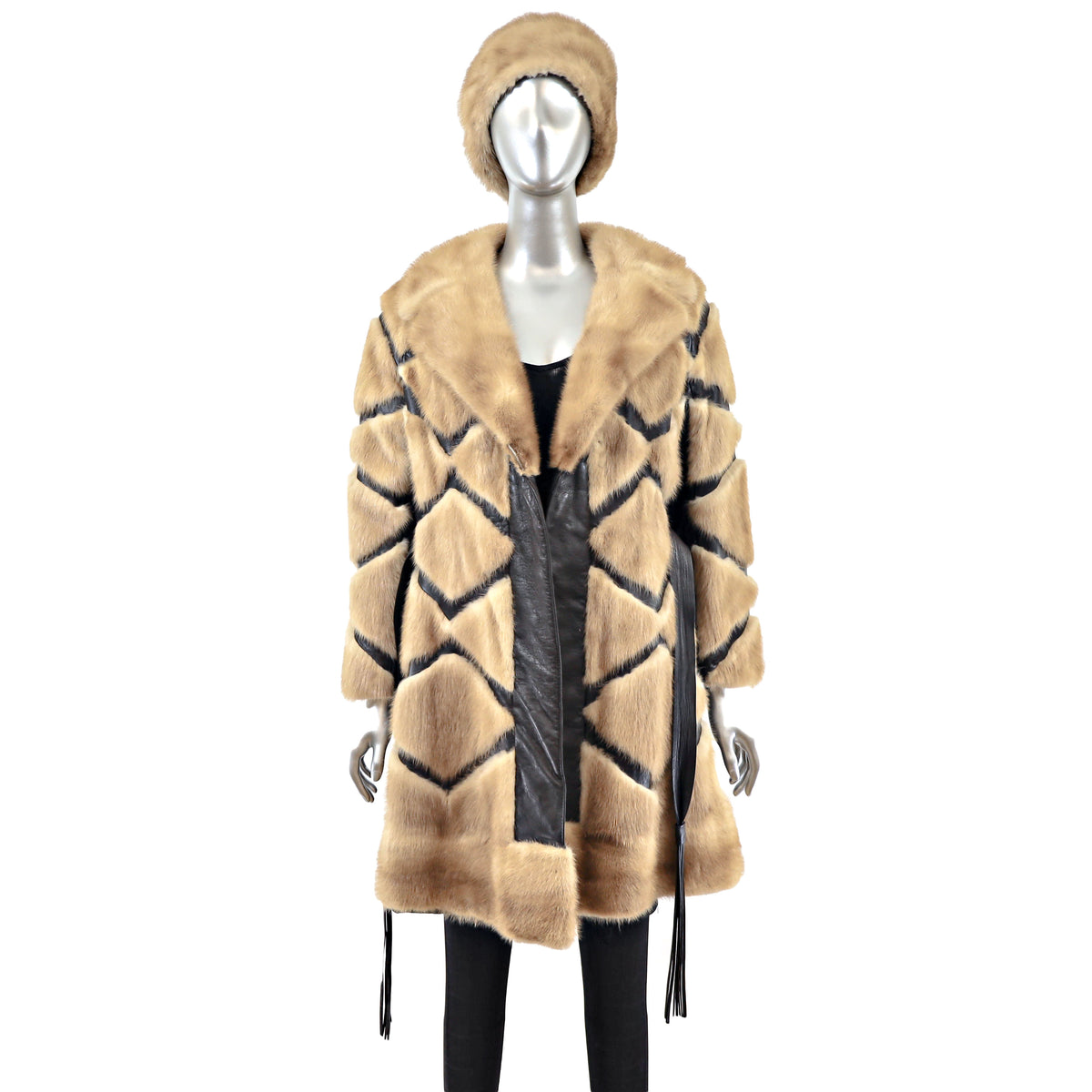 Pastel Mink 3/4 Coat with Leather Insert and Matching Hat- Size S