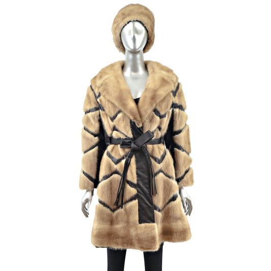Pastel Mink 3/4 Coat with Leather Insert and Matching Hat- Size S