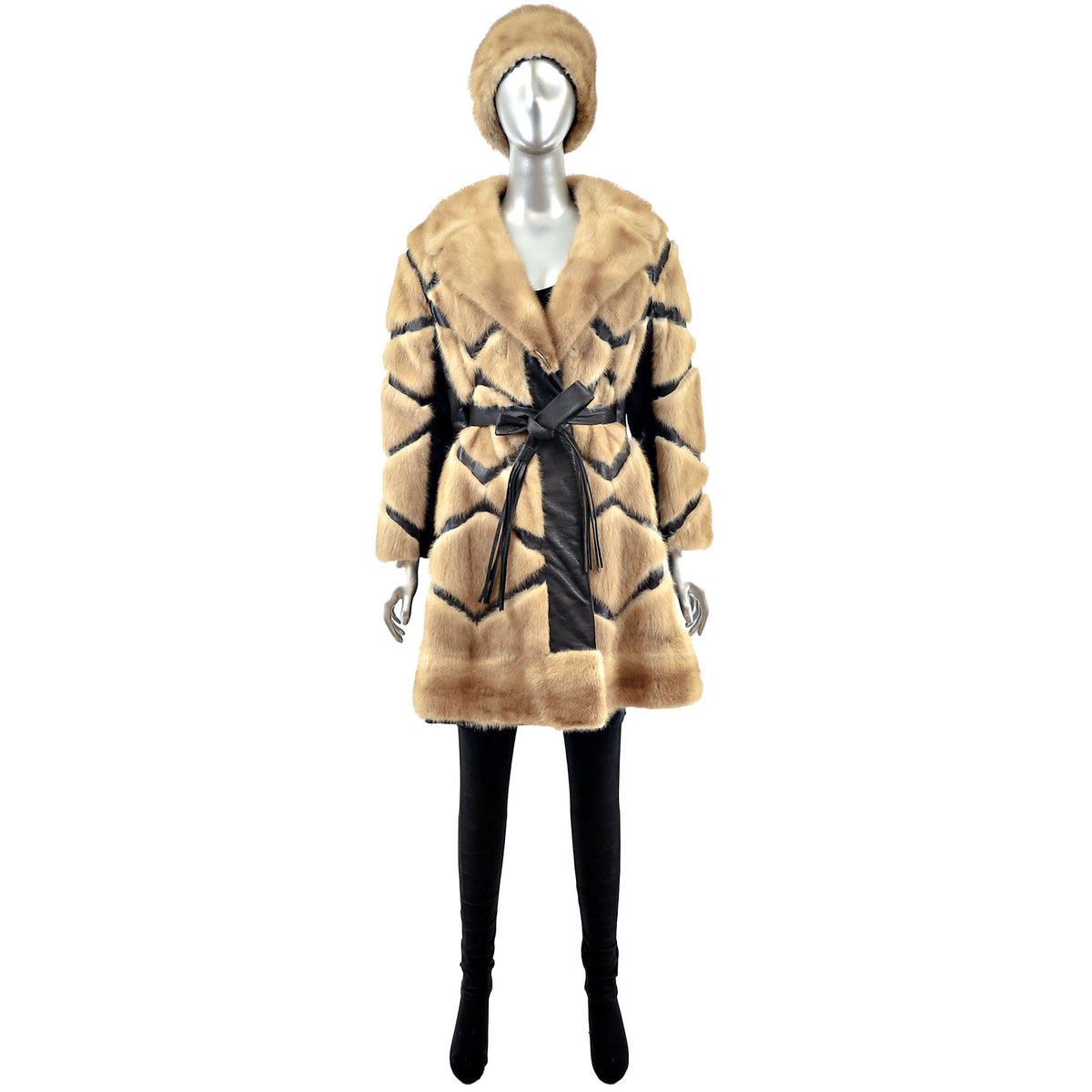 Pastel Mink 3/4 Coat with Leather Insert and Matching Hat- Size S