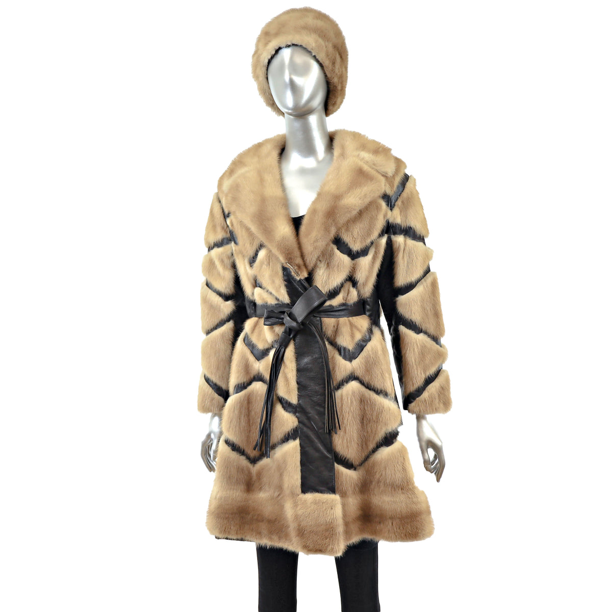Pastel Mink 3/4 Coat with Leather Insert and Matching Hat- Size S
