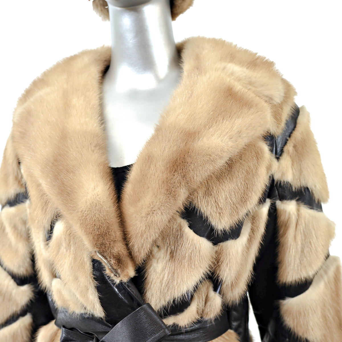 Pastel Mink 3/4 Coat with Leather Insert and Matching Hat- Size S