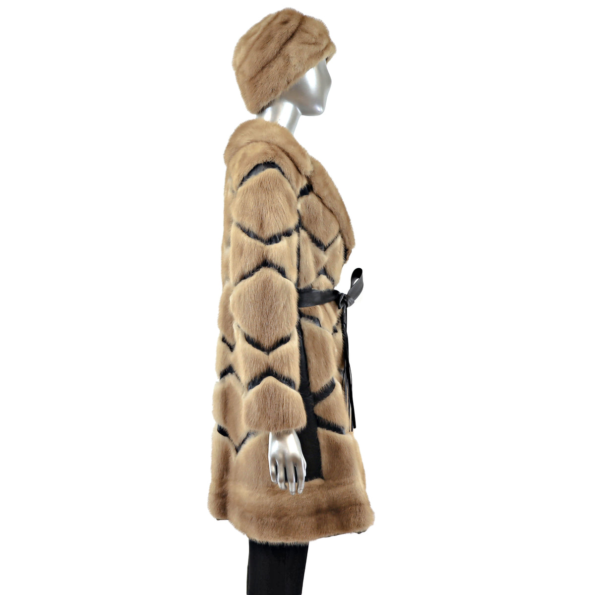 Pastel Mink 3/4 Coat with Leather Insert and Matching Hat- Size S