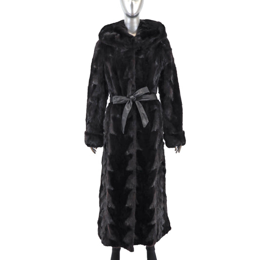 Black Hooded Section Mink Coat- Size L