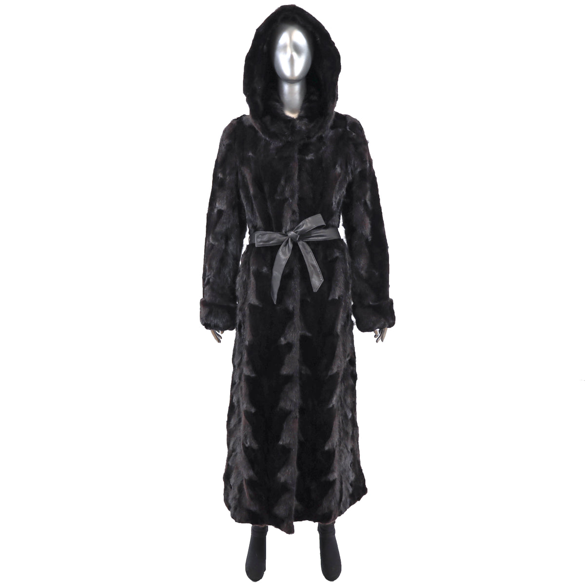 Black Hooded Section Mink Coat- Size L