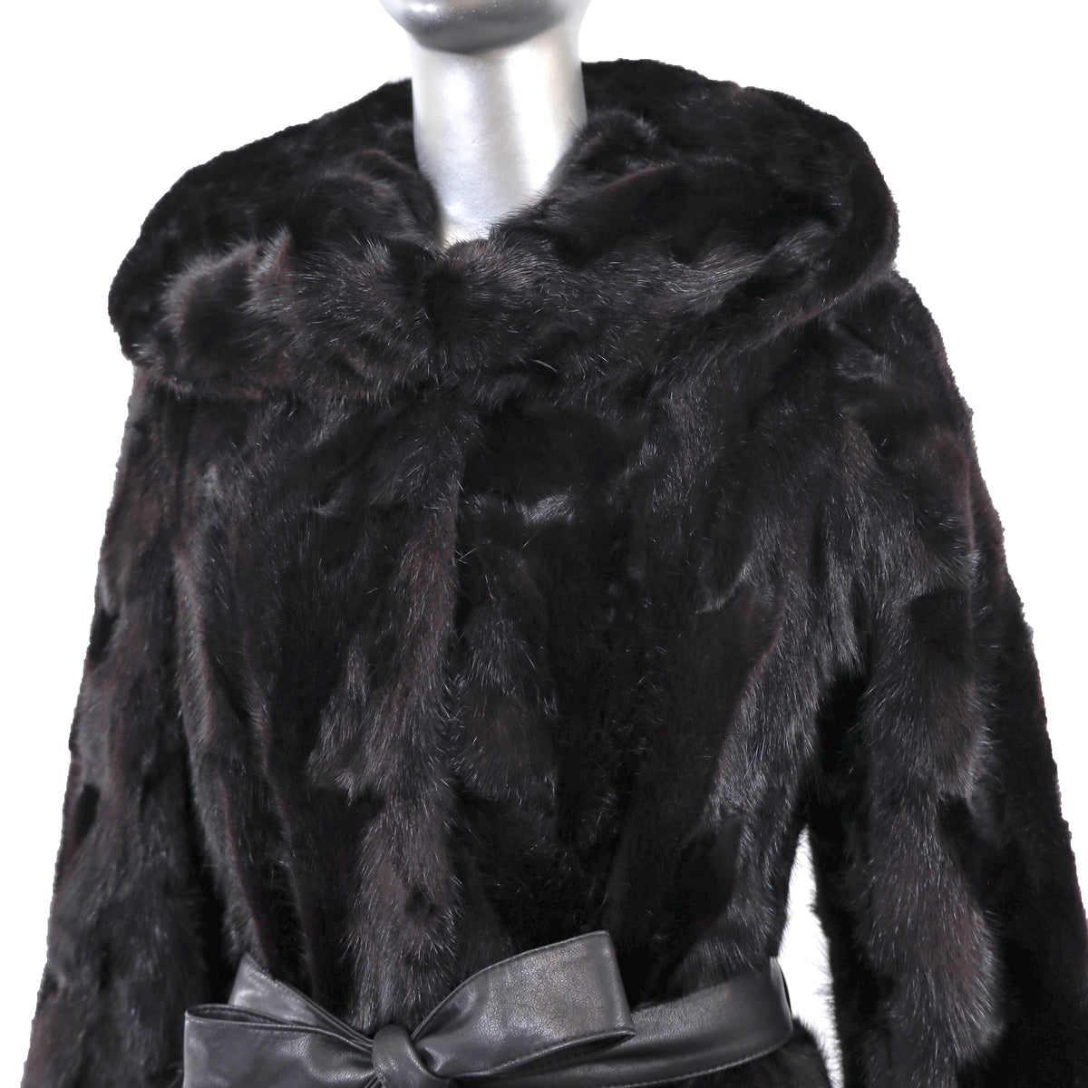 Black Hooded Section Mink Coat- Size L