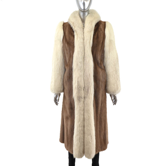 Light Brown Mink Coat with Fox Tuxedo and Sleeves- Size L