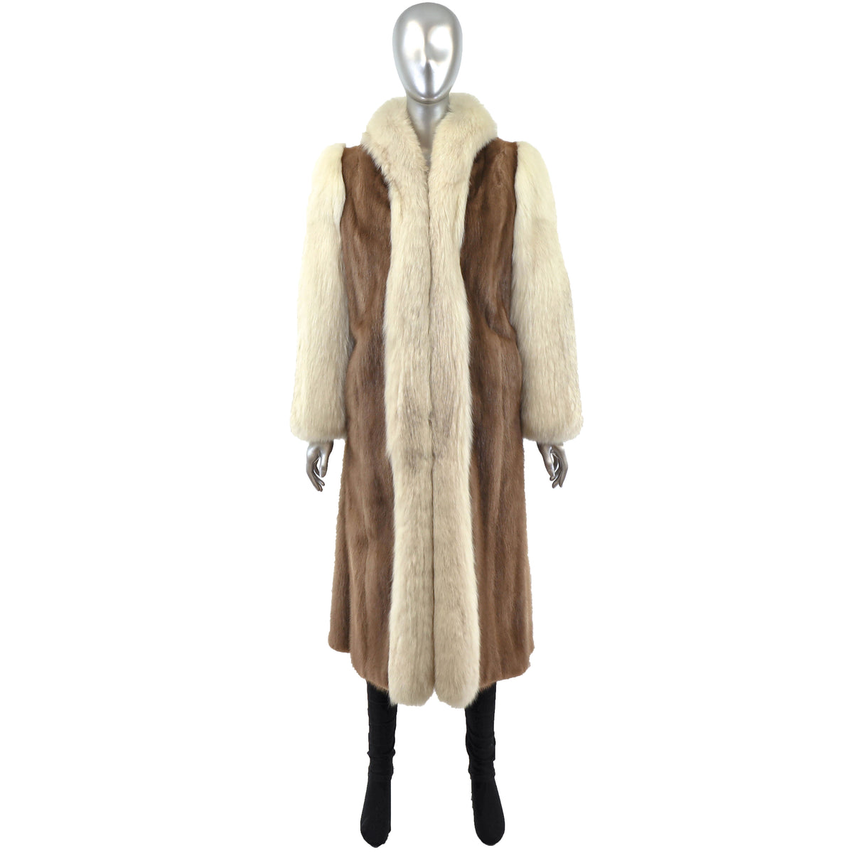 Light Brown Mink Coat with Fox Tuxedo and Sleeves- Size L