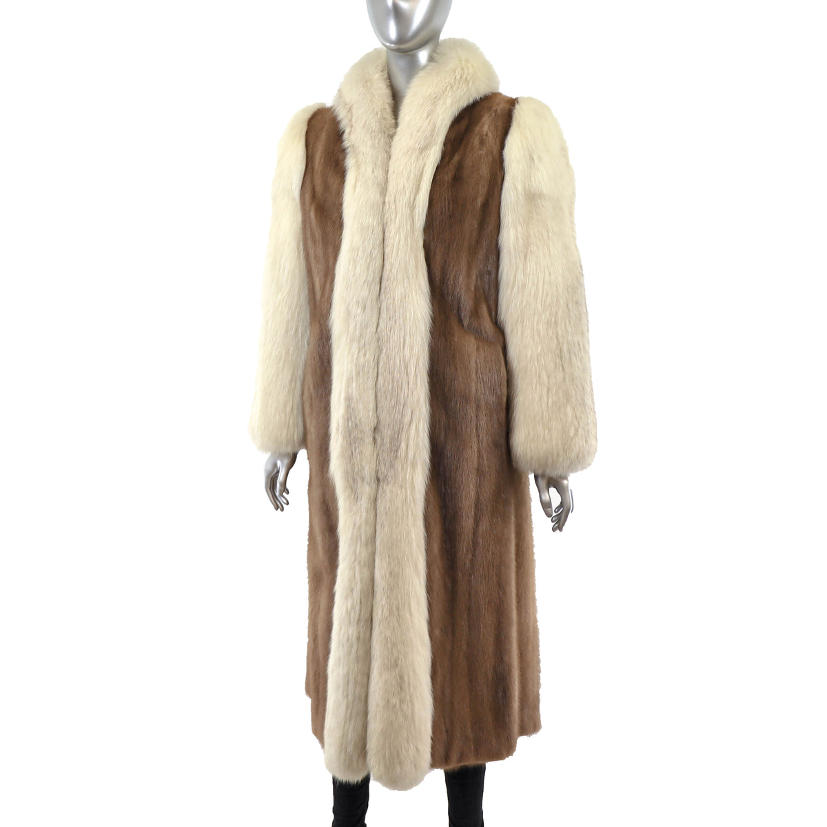 Light Brown Mink Coat with Fox Tuxedo and Sleeves- Size L