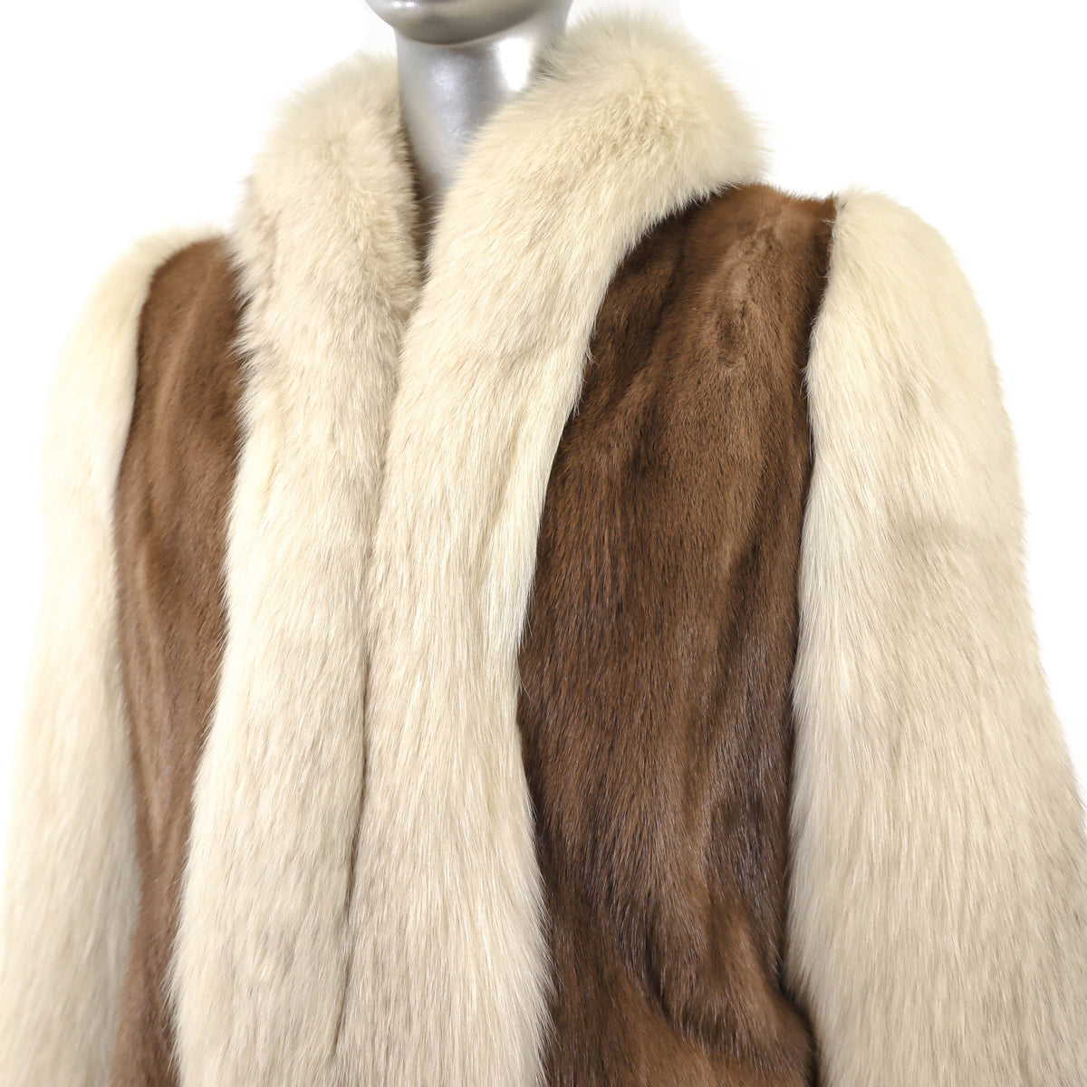 Light Brown Mink Coat with Fox Tuxedo and Sleeves- Size L