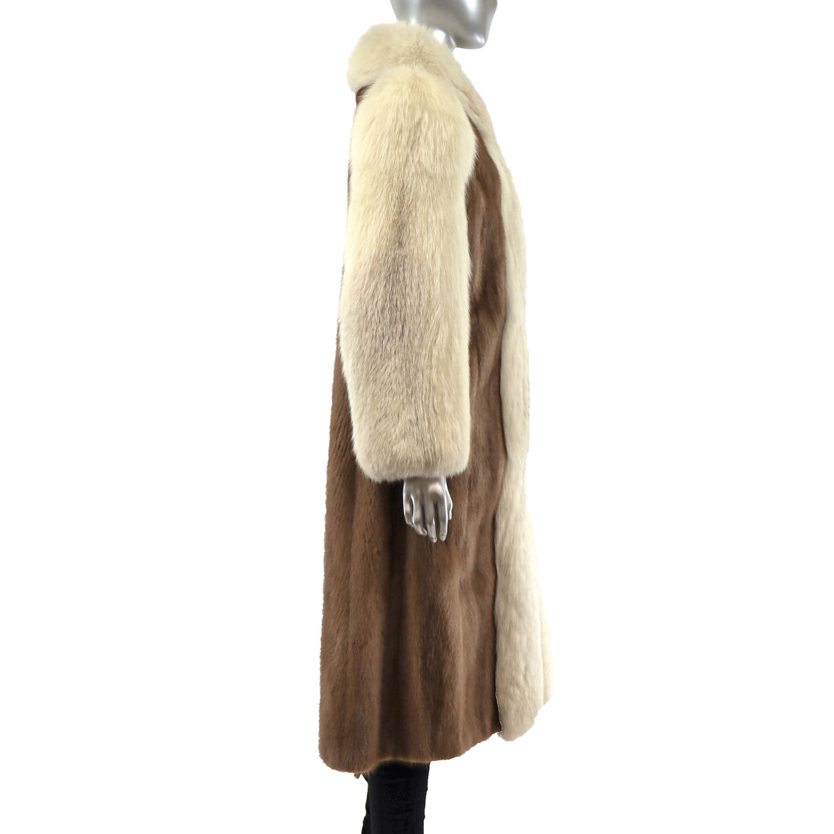Light Brown Mink Coat with Fox Tuxedo and Sleeves- Size L