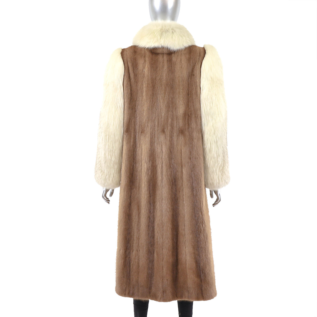 Light Brown Mink Coat with Fox Tuxedo and Sleeves- Size L