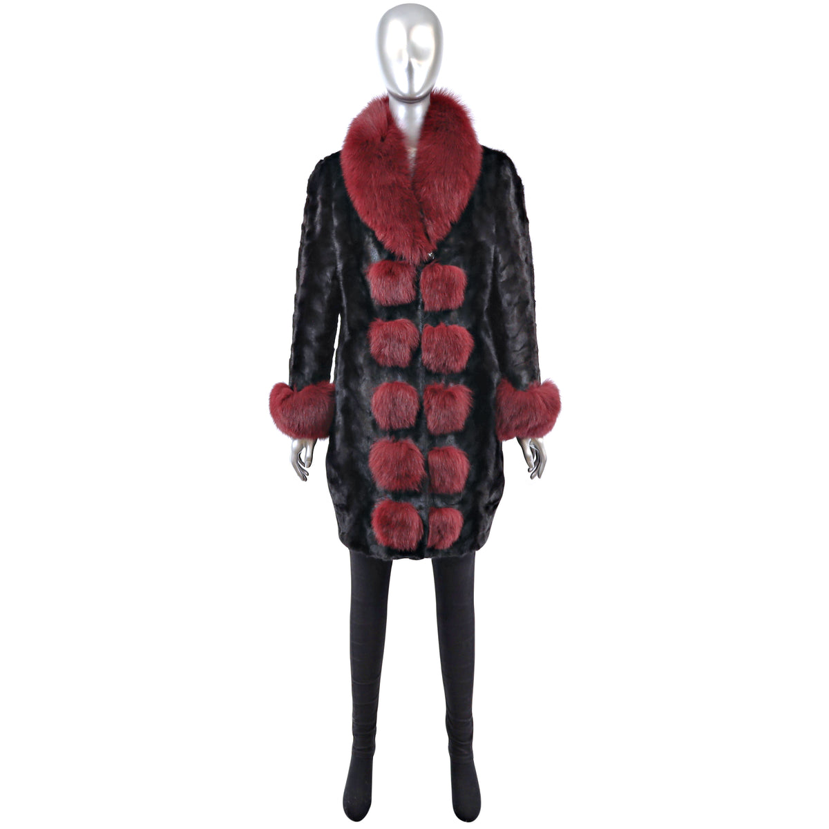 Black Section Mink Coat with Fox Trim- Size M