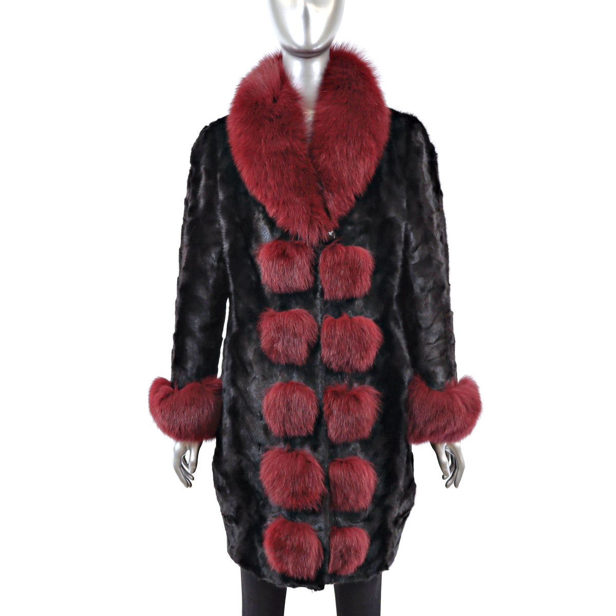 Black Section Mink Coat with Fox Trim- Size M