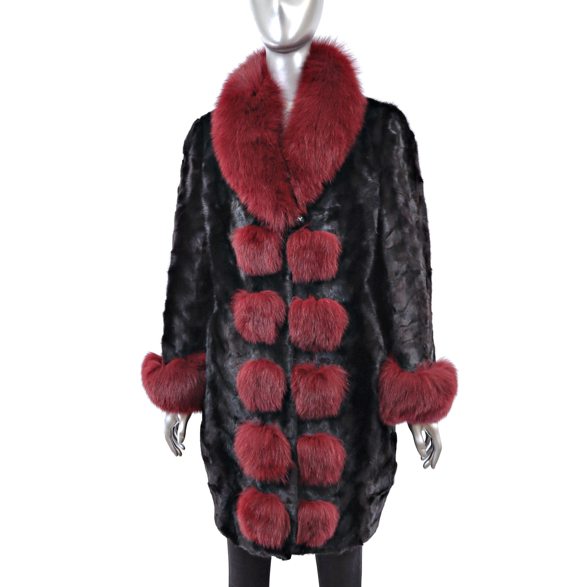 Black Section Mink Coat with Fox Trim- Size M