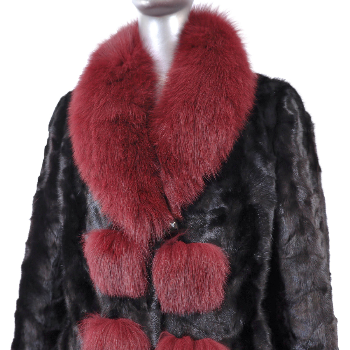 Black Section Mink Coat with Fox Trim- Size M