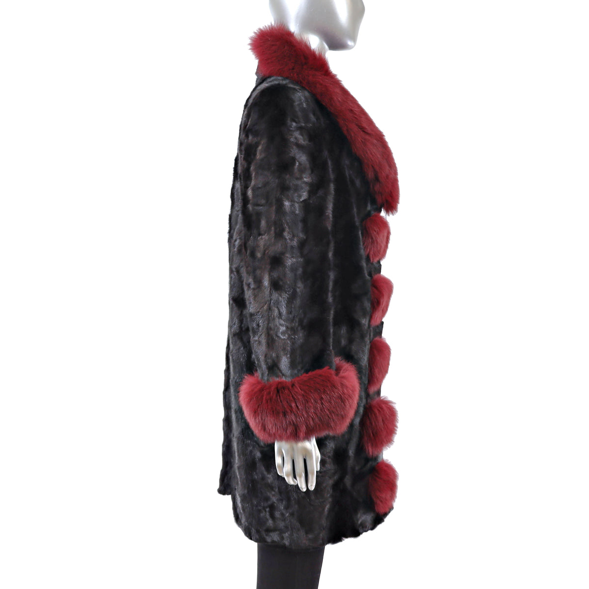 Black Section Mink Coat with Fox Trim- Size M