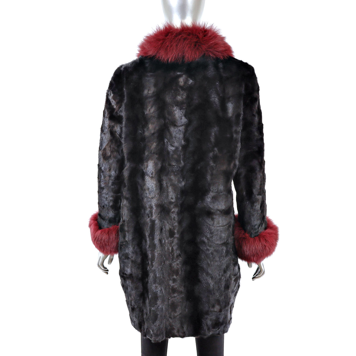 Black Section Mink Coat with Fox Trim- Size M