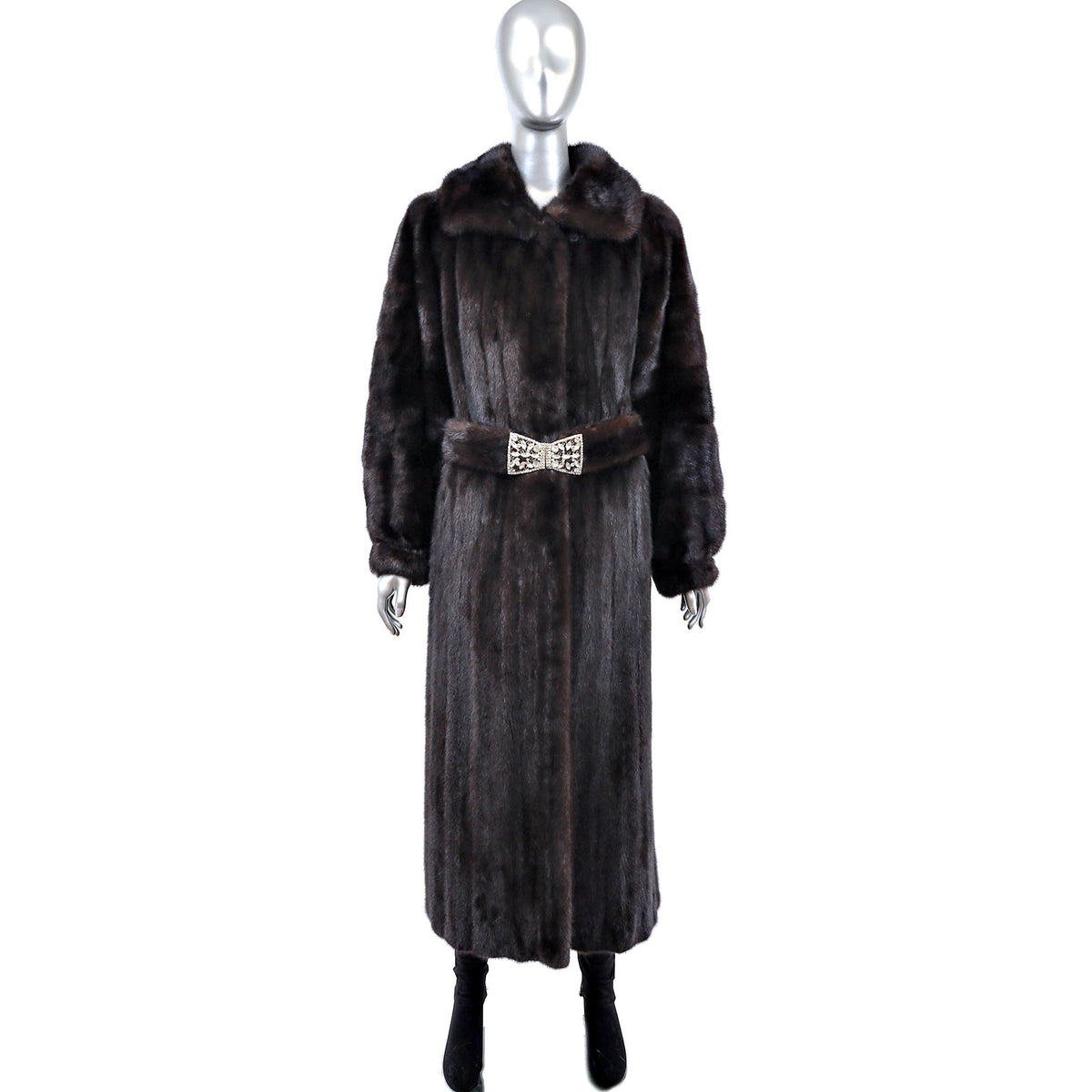 Dark Brown Mink Coat with Two Belts- Size L