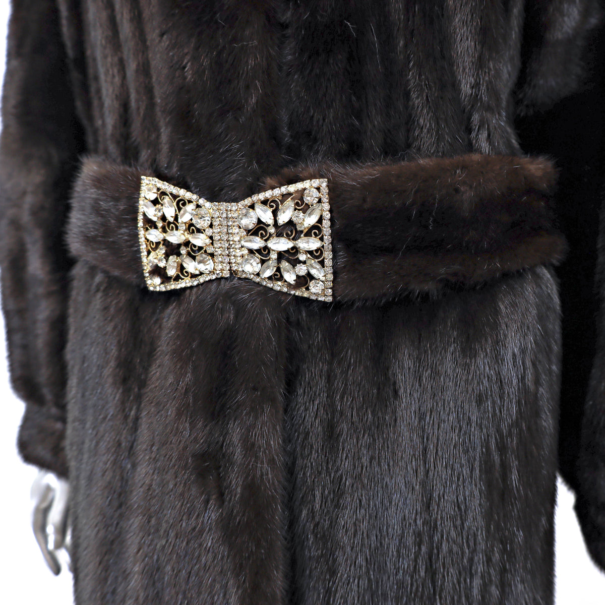 Dark Brown Mink Coat with Two Belts- Size L