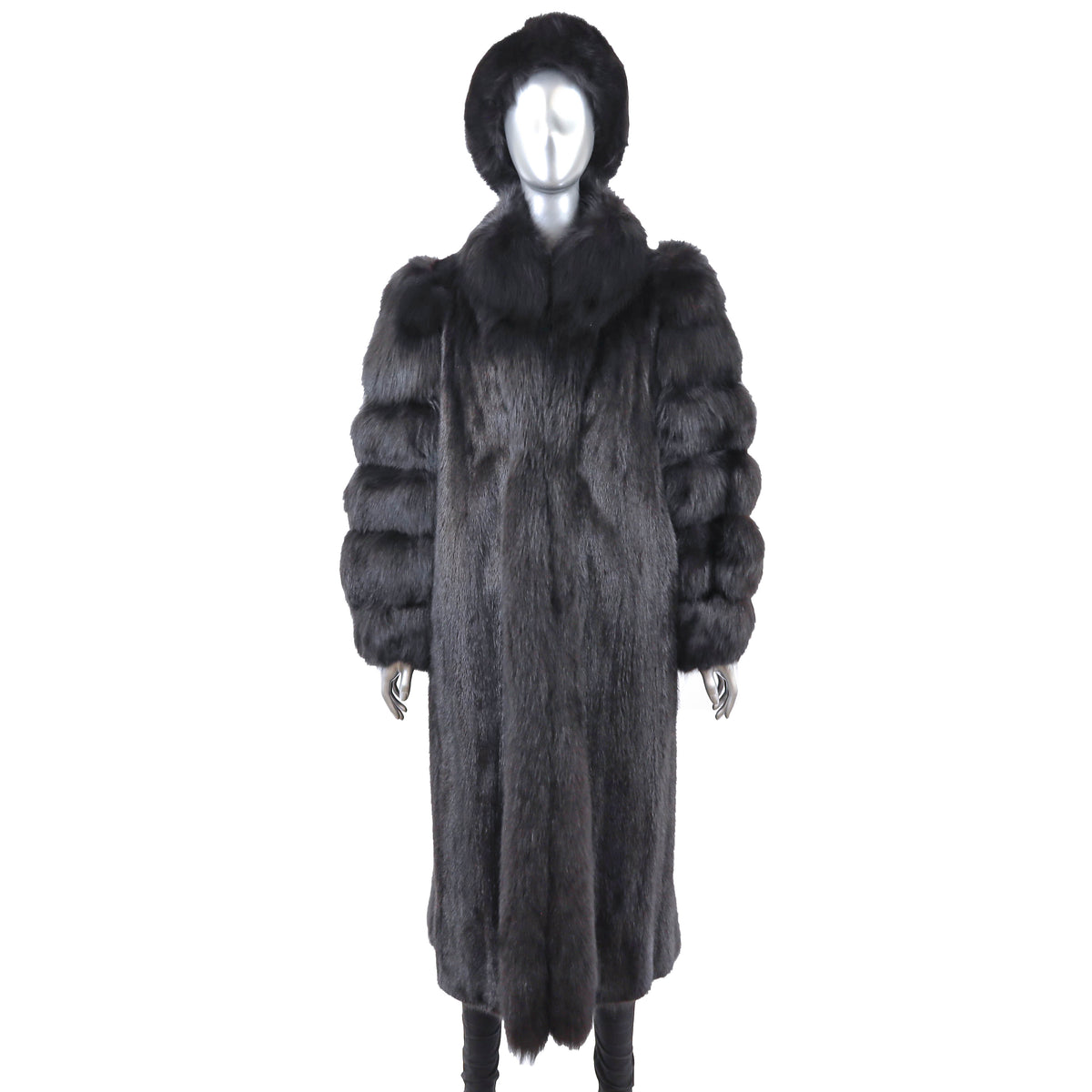Black Mink Coat with Fox Tuxedo and Sleeves and Matching Hat- Size M