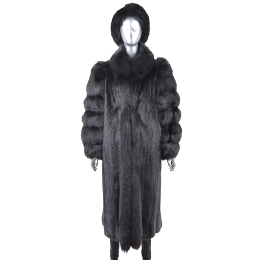 Black Mink Coat with Fox Tuxedo and Sleeves and Matching Hat- Size M