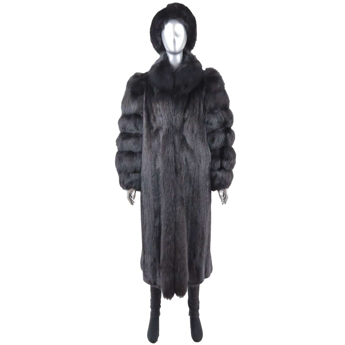 Black Mink Coat with Fox Tuxedo and Sleeves and Matching Hat- Size M