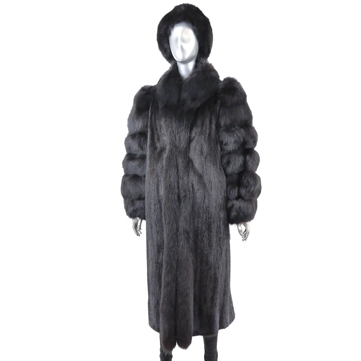 Black Mink Coat with Fox Tuxedo and Sleeves and Matching Hat- Size M